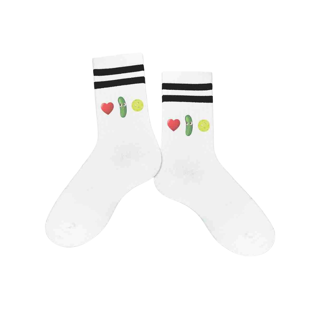 A pair of women's crew pickleball socks featuring a heart, pickle, and pickleball graphic, expressing love for the game.