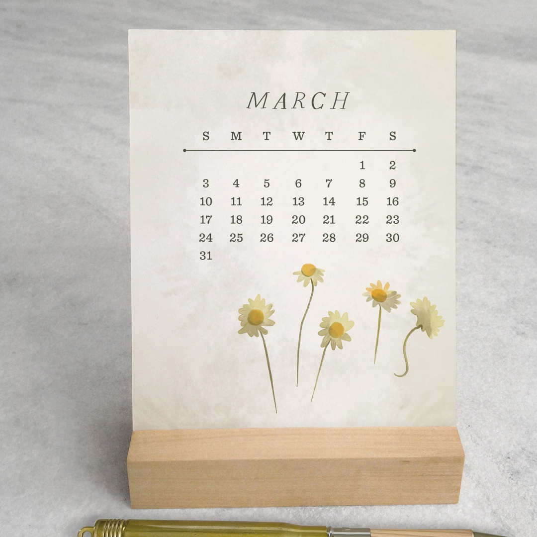 The 2025 Desk Calendar from Me To You Box, featuring 4.25" x 5.5" cards with unique monthly designs and a durable maple wood stand. This compact calendar fits perfectly on any desk, offering daily inspiration and organization with a touch of aesthetic charm.