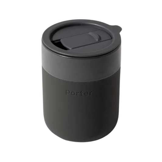12 ounce charcoal ceramic mug with a charcoal silicone sleeve and sliding lid, showcasing a sleek and modern design by W&P.