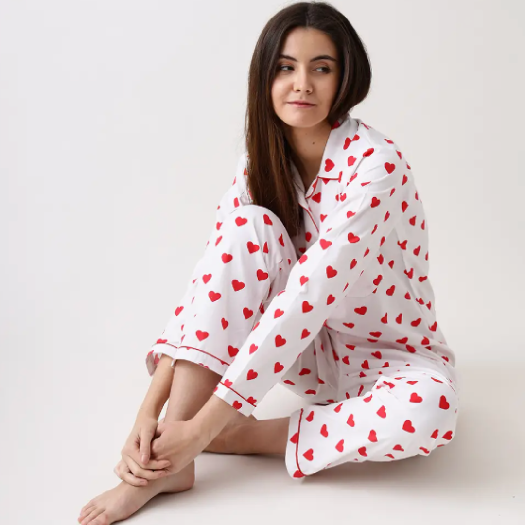 Indulge in elegance with our Luxury Cotton Pajama Set adorned with charming red hearts. Perfect for a cozy night in or as a thoughtful gift. Add it to your personalized Me To You Box for an extra touch of luxury.