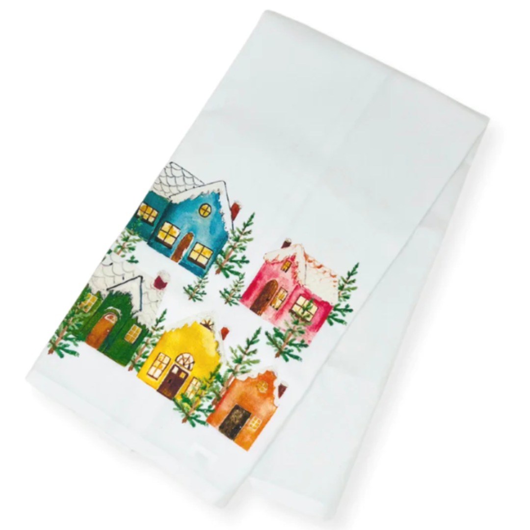 winter cottages tea towel