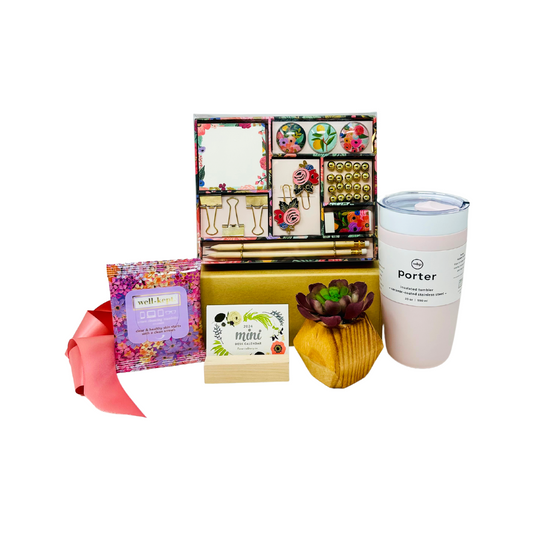Workspace Wellness curated gift box from Me To You Box featuring a selection of items aimed at promoting well-being and productivity in the office.