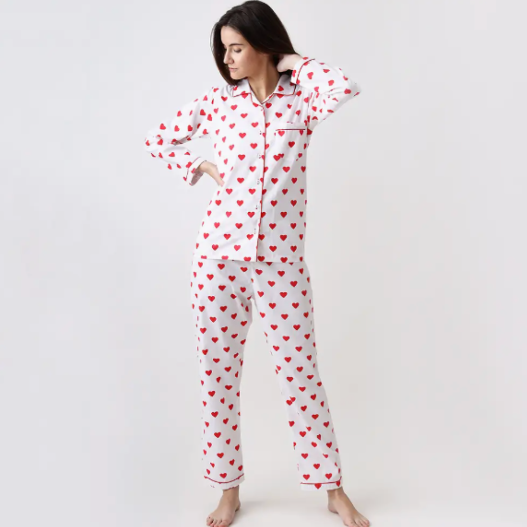 Discover pure comfort and style in our Cotton Pajama Set featuring delightful red hearts. Elevate your gifting experience by including it in your custom Me To You Box – a curated collection of luxurious items that speak volumes of love and care.