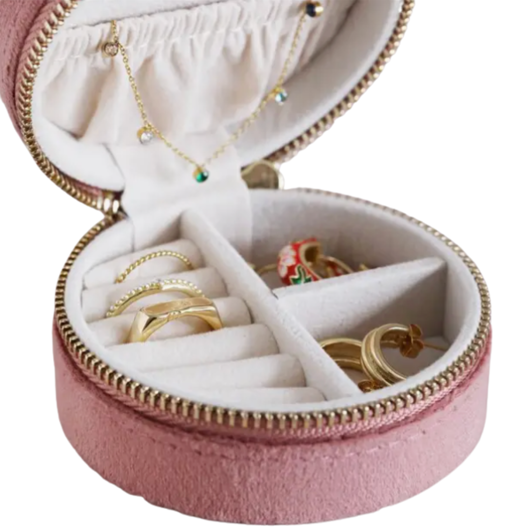 Dusty rose velvet zip round jewelry travel case, elegant and compact storage solution for your precious accessories on the go.