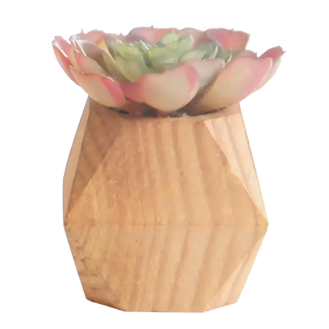 Faux succulent in geo-shaped wood base - realistic artificial greenery, modern decor for a touch of nature without maintenance.