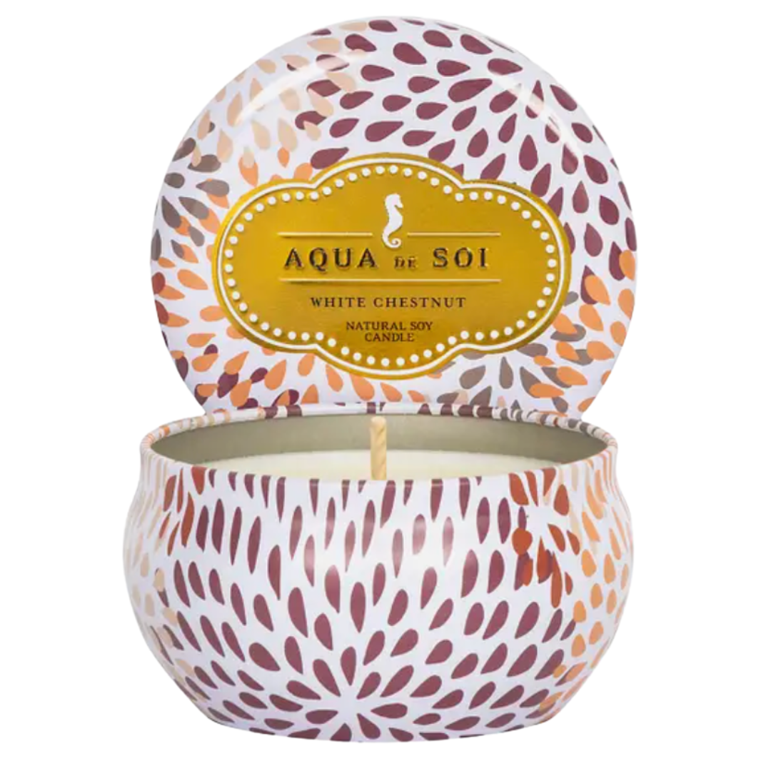 Aqua de Soi 9oz natural soy wax candle in warm scents of white chestnut in fall speckled colored tin