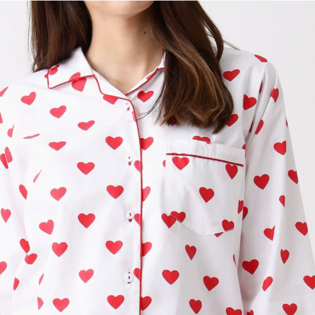Sumptuous Luxury Cotton Pajama Set adorned with charming red hearts, perfect for cozy nights. Available for inclusion in your personalized Me To You Box, allowing you to craft the ultimate gift experience.