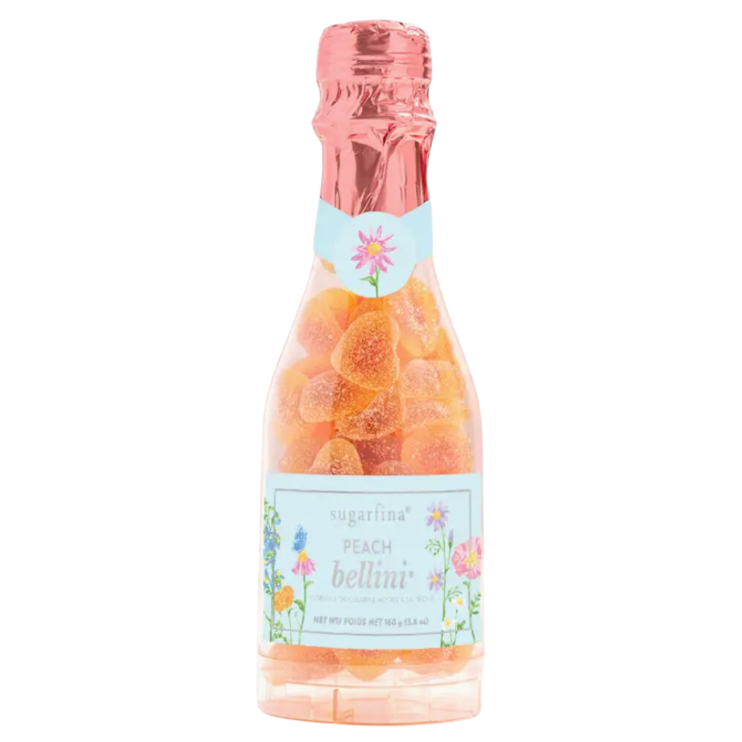 Sugarfina Peach Bellini gummies in a celebration bottle.