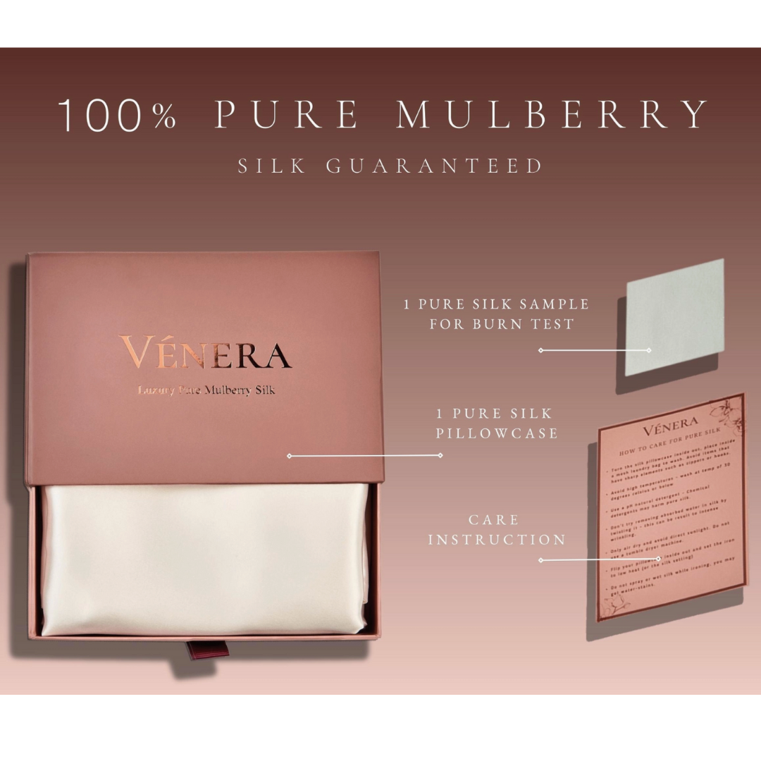 Indulge in the pure bliss of VÉNERA Organic White Silk Pillowcase – 100% Mulberry Silk in standard size. Customize your gift box with this premium addition at Me To You Box.