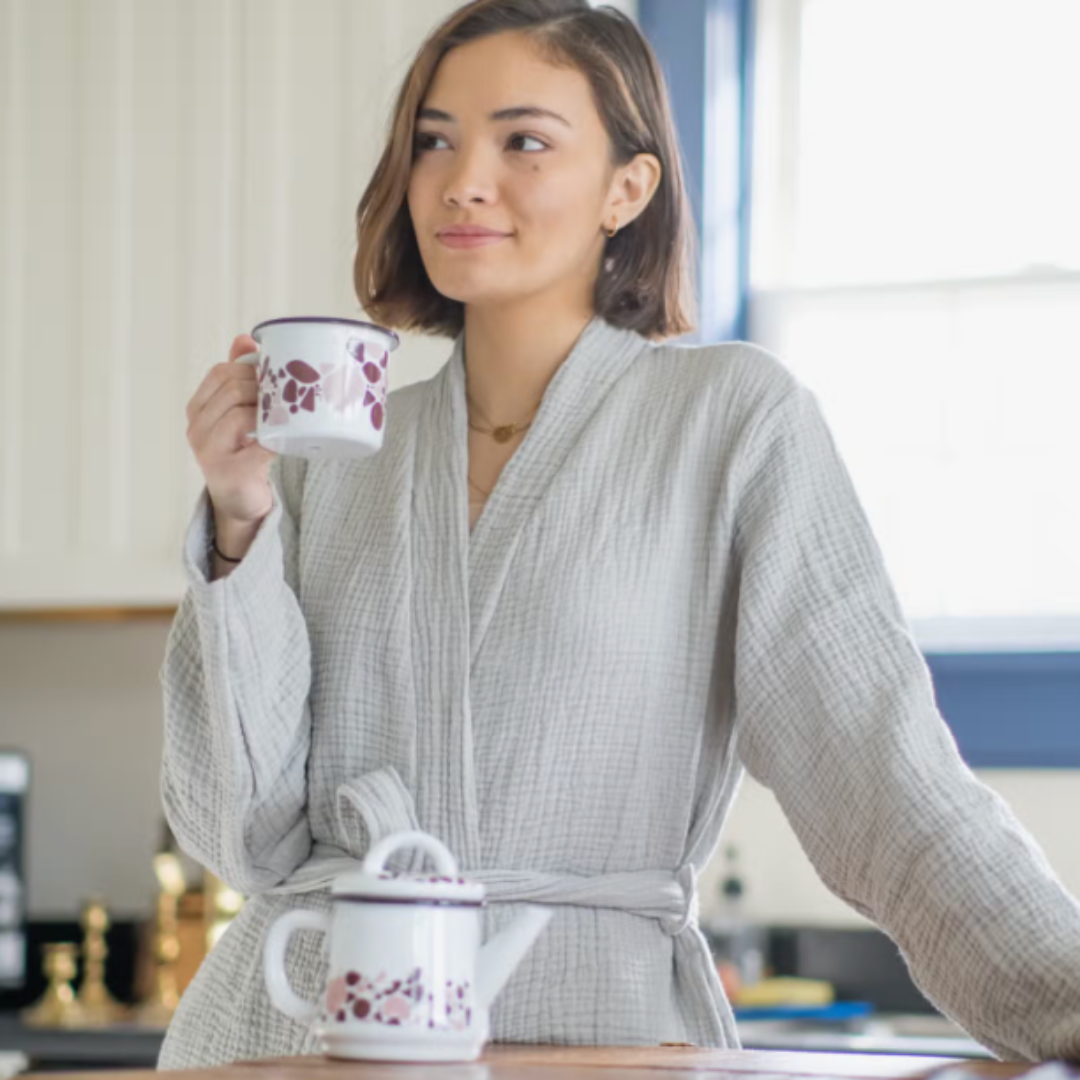 Luxurious Turkish Cotton robe in soft grey, perfect for a cozy spa experience.