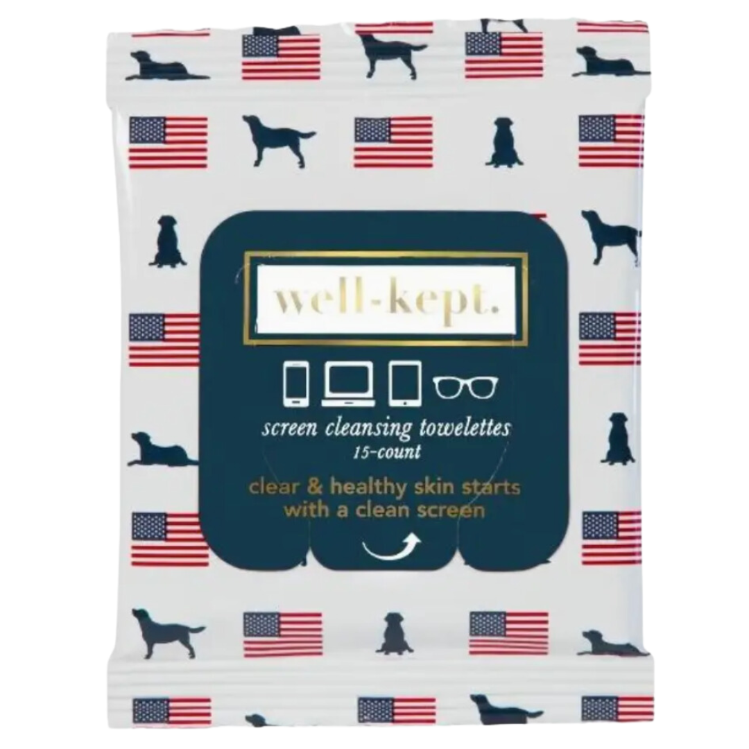 A pouch featuring a flag motif containing 15 pre-moistened screen cleaner wipes. The wipes are ready for use and are designed to effectively clean screens without leaving streaks or residue.