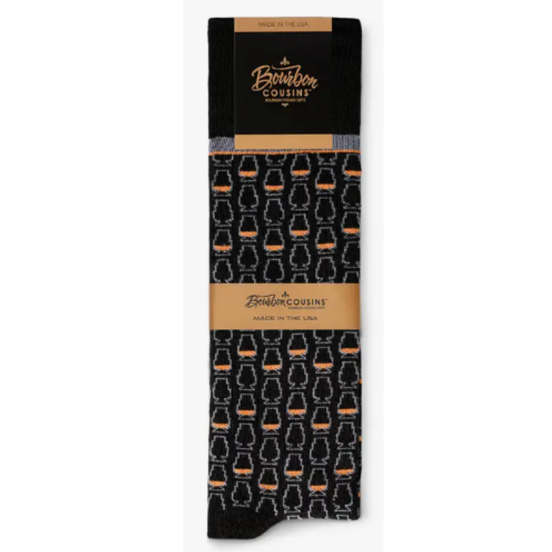 Bourbon Cousins mens calf socks with whiskey glasses