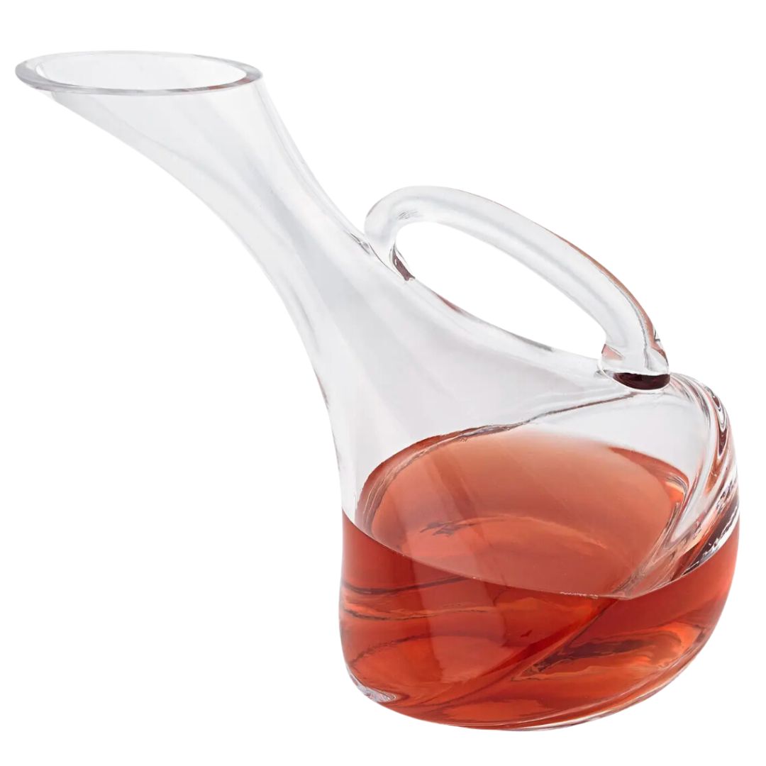 Handcrafted glass wine carafe with elegant lean design.
