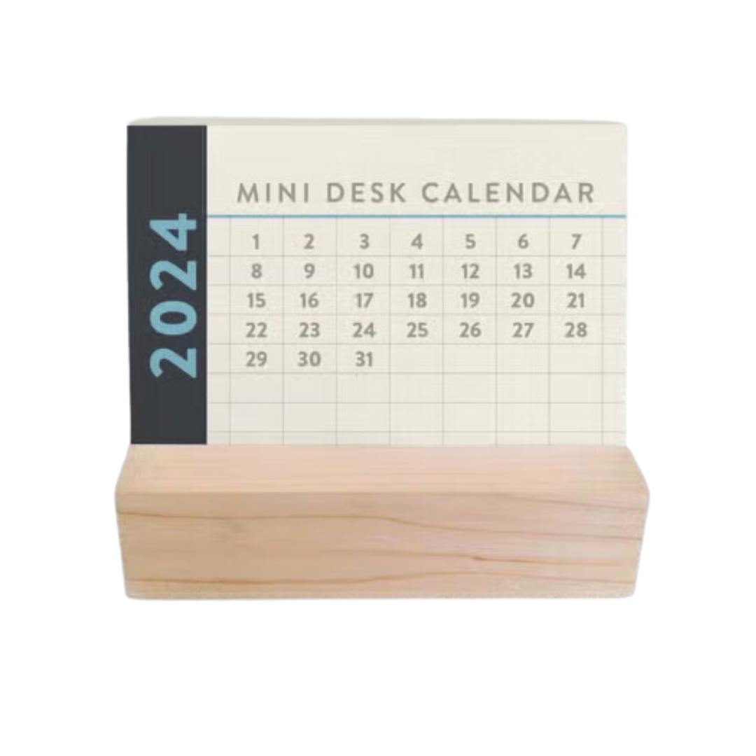 Compact desk calendar with wooden base featuring a stylish grid pattern design.
