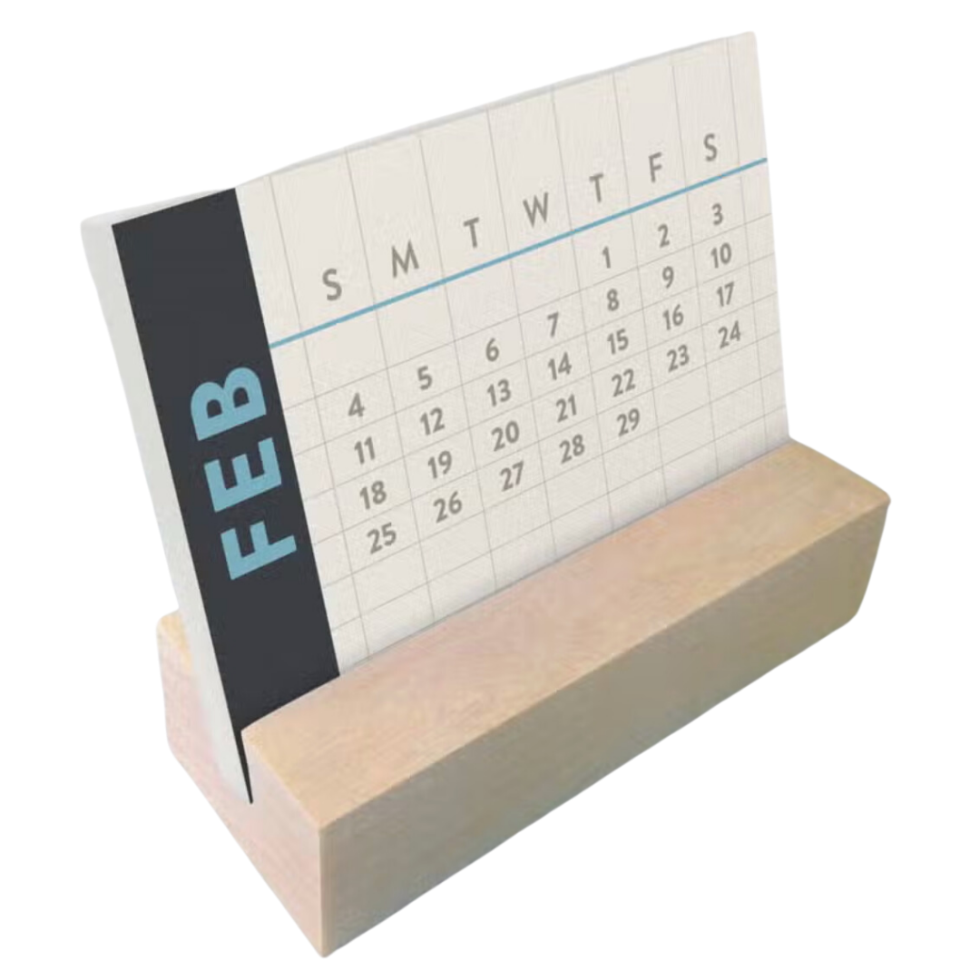 Grid-patterned mini desk calendar with a sleek wooden stand, perfect for a modern workspace.