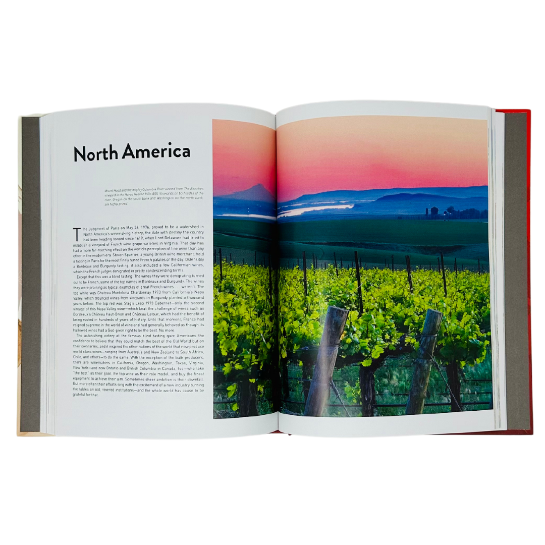 Vivid vineyard landscape in North America showcased in Oz Clarke's World of Wine Hardcover Coffee Table Book.