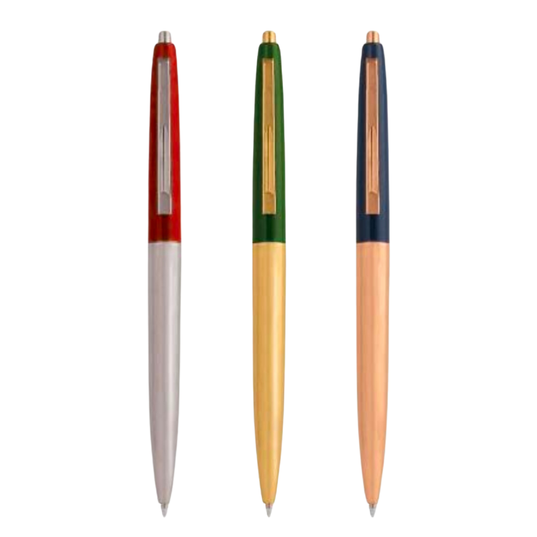 A trio of sleek metal pens: one in vibrant red, another in bold blue, and the third in elegant green.