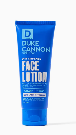 5.28 oz Duke Cannon Dry Defense Lotion, a soothing, non-scented gel that replenishes moisture, prevents discomfort, and keeps skin balanced and refreshed.