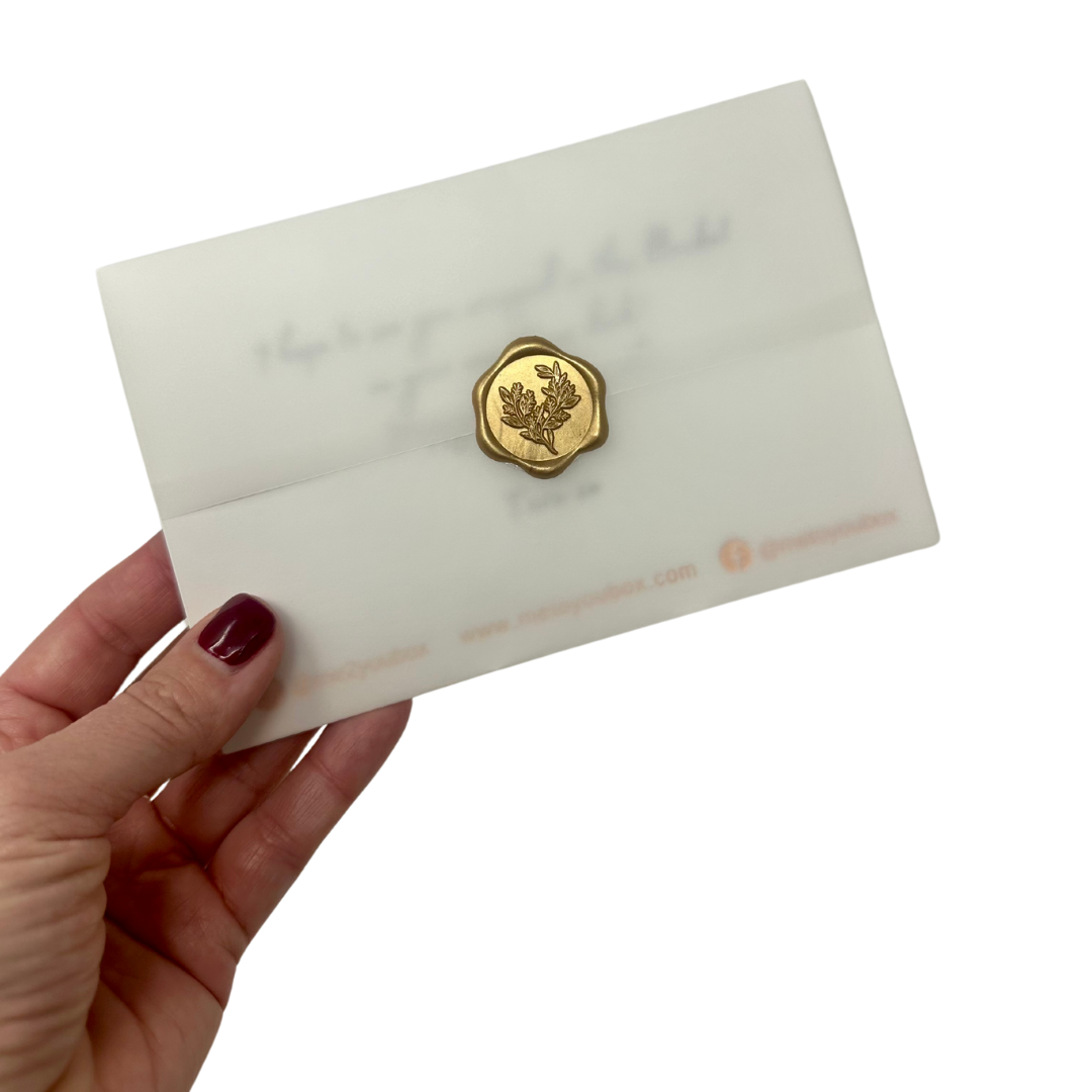Gift message printed on 4x6 card in vellum wrap, sealed with gold wax seal - Me To You Box, a luxurious touch for personalized gifting.