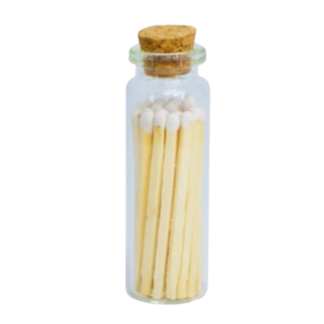 Glass jar with cork top holding 20 white tipped wooden matches that are each 2" tall.