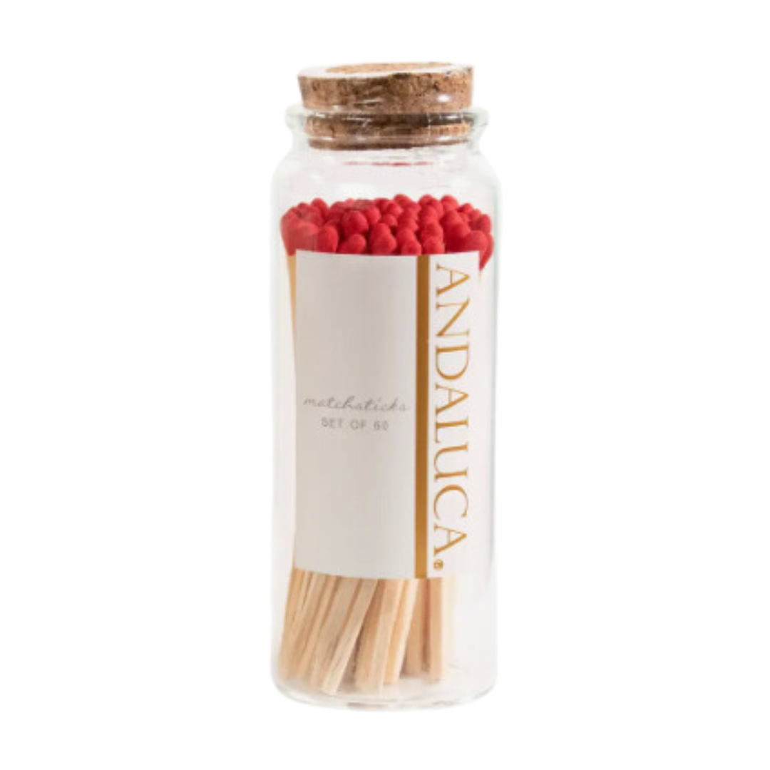 Chic glass jar with cork lid, holding 60 5" red-tipped wooden matches – a stylish and functional addition to your home decor and lighting needs.