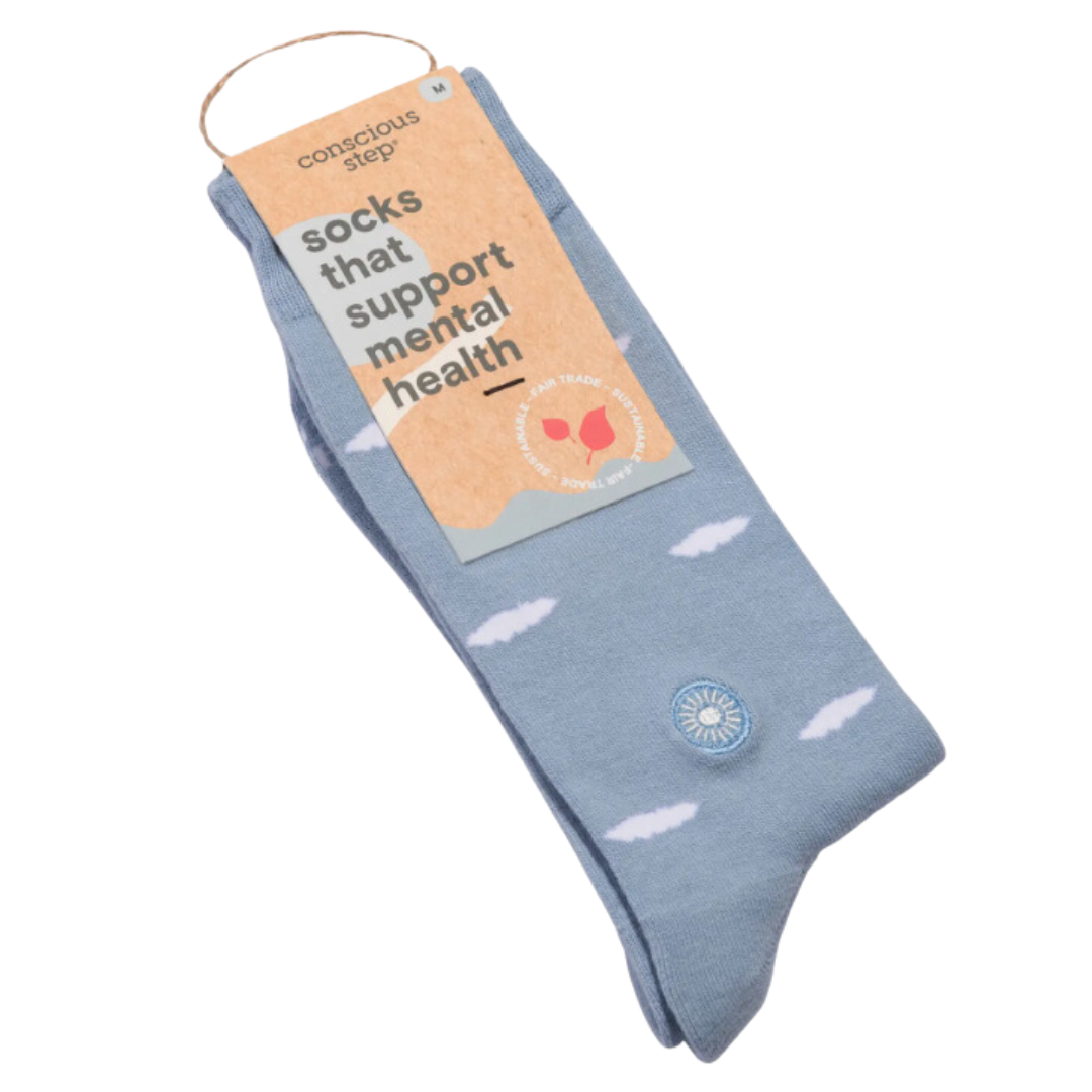 Soothing sky-themed calf socks, promoting mental wellness.