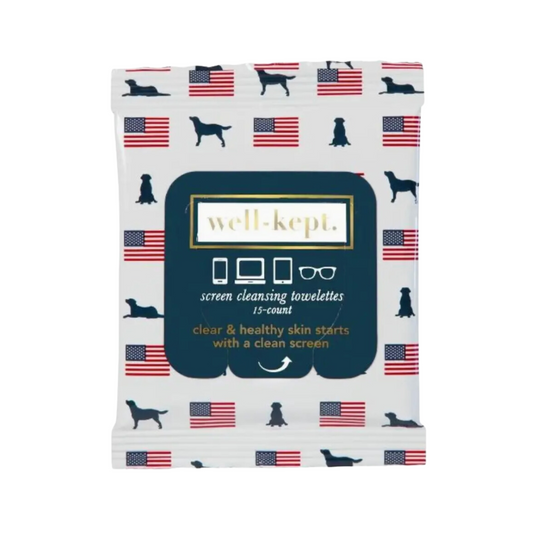 White pack with American flags & dogs, containing 15 pre-moistened screen cleaning wipes.