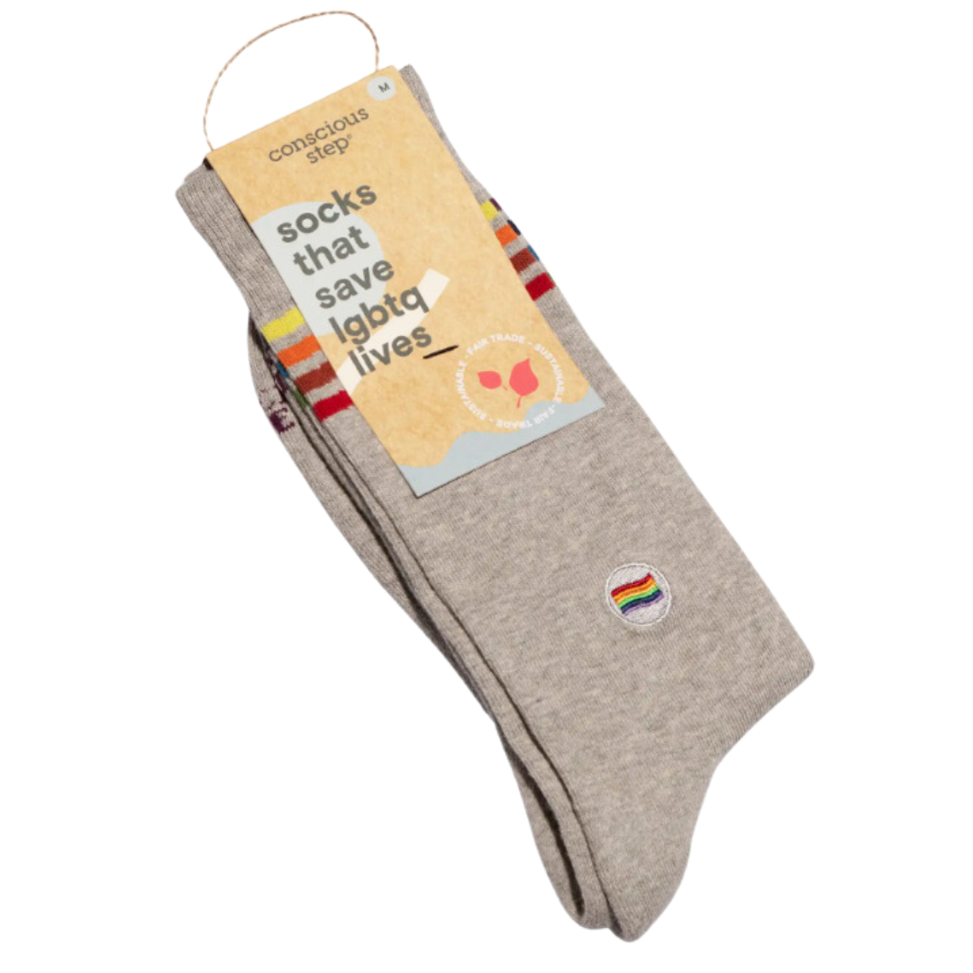 Chic grey Pride crew socks adorned with vibrant rainbow stripes, a stylish expression of love and unity.