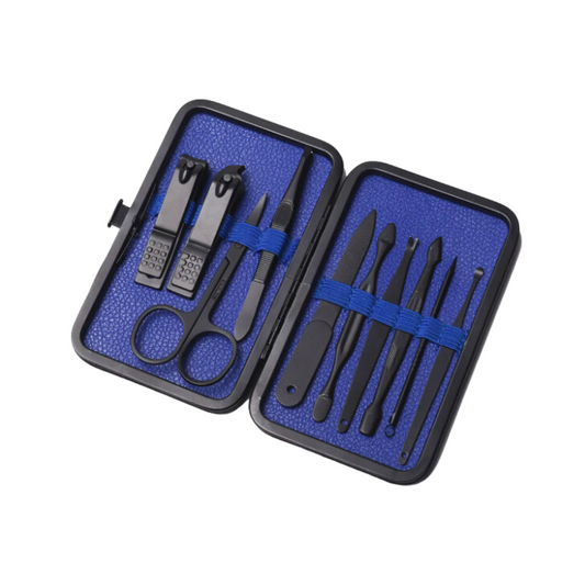 10-piece stainless steel men's grooming kit in black case with blue interior: sleek essentials for meticulous grooming.