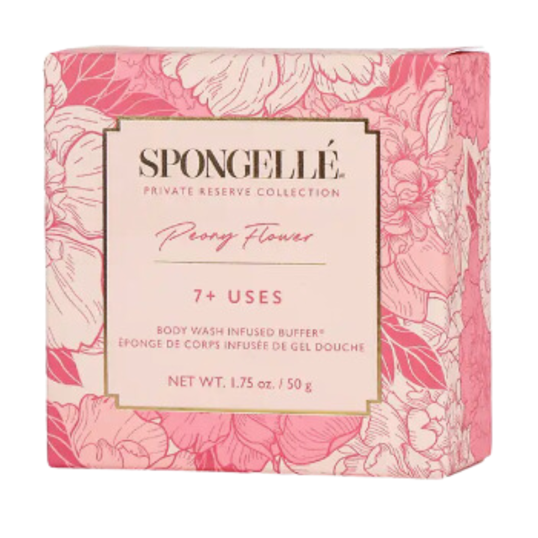 Pink floral box with peony-infused body wash buffer.