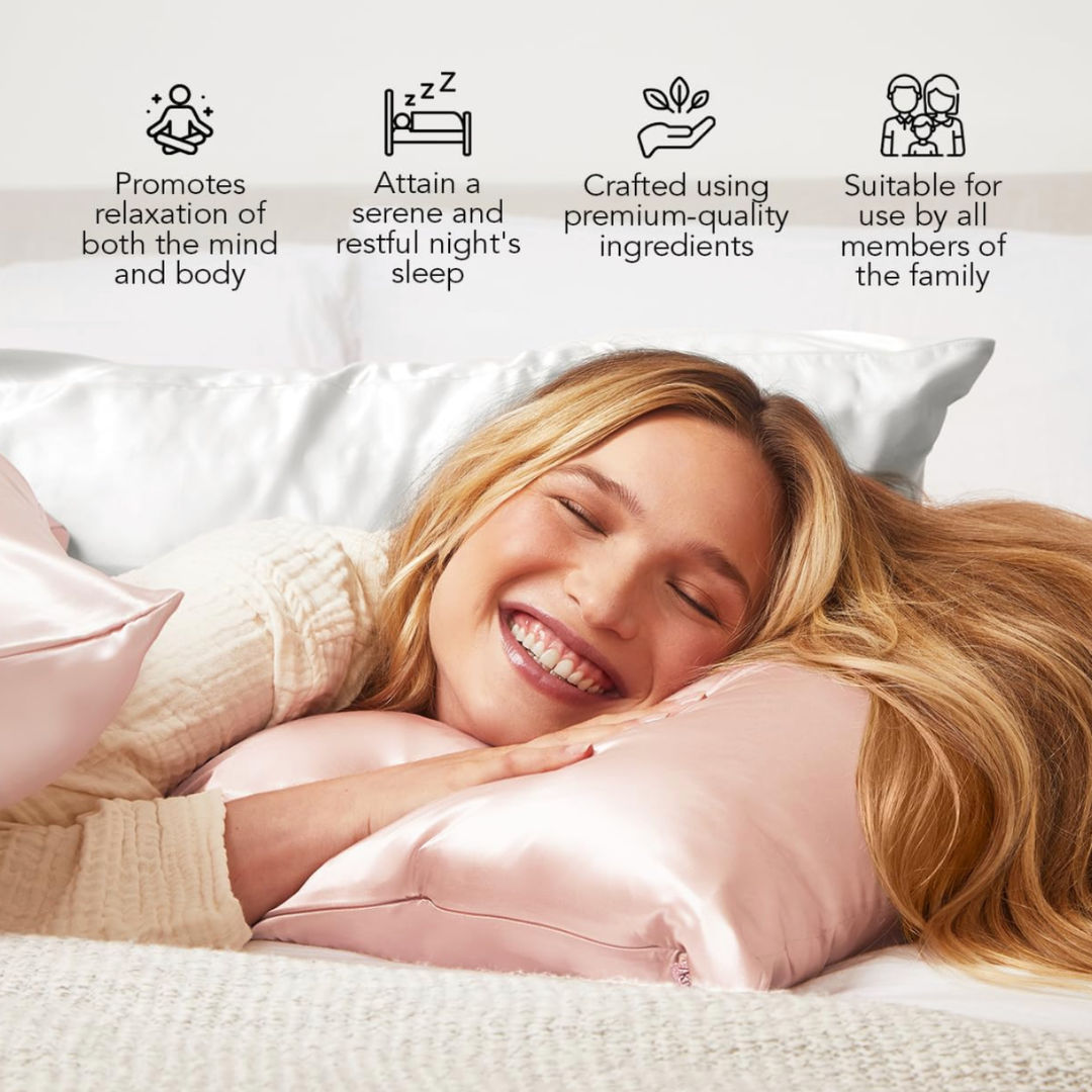 Woman lying in bed with pink pillows, smiling, with product benefits listed above.