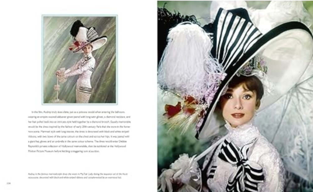 Interior page of Our Fair Lady book showcasing a collage of iconic photographs of Audrey Hepburn from her film career, highlighting key milestones in her life.