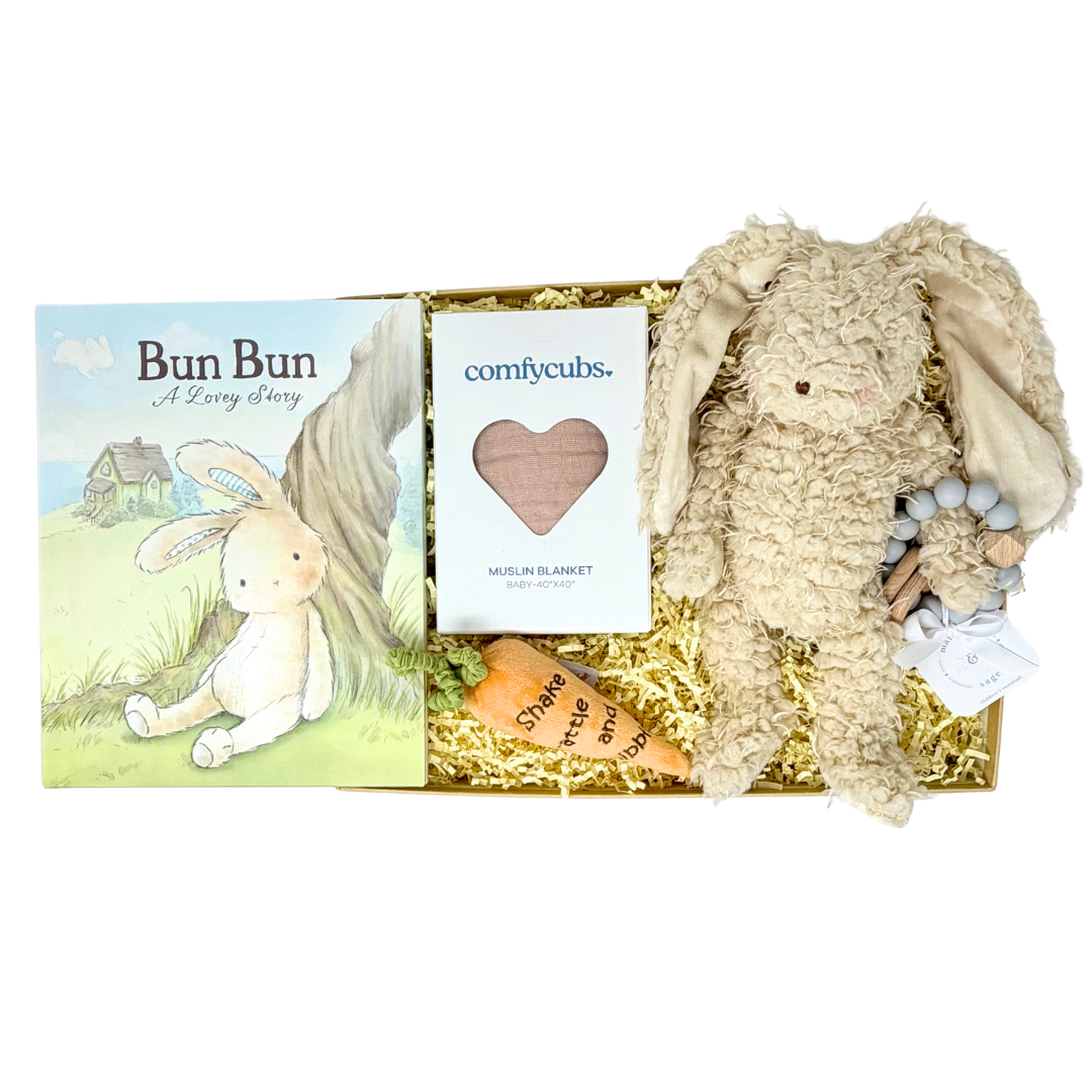 Gift set with plush bunny, plush orange carrot, teether, blanket, and book in a box.