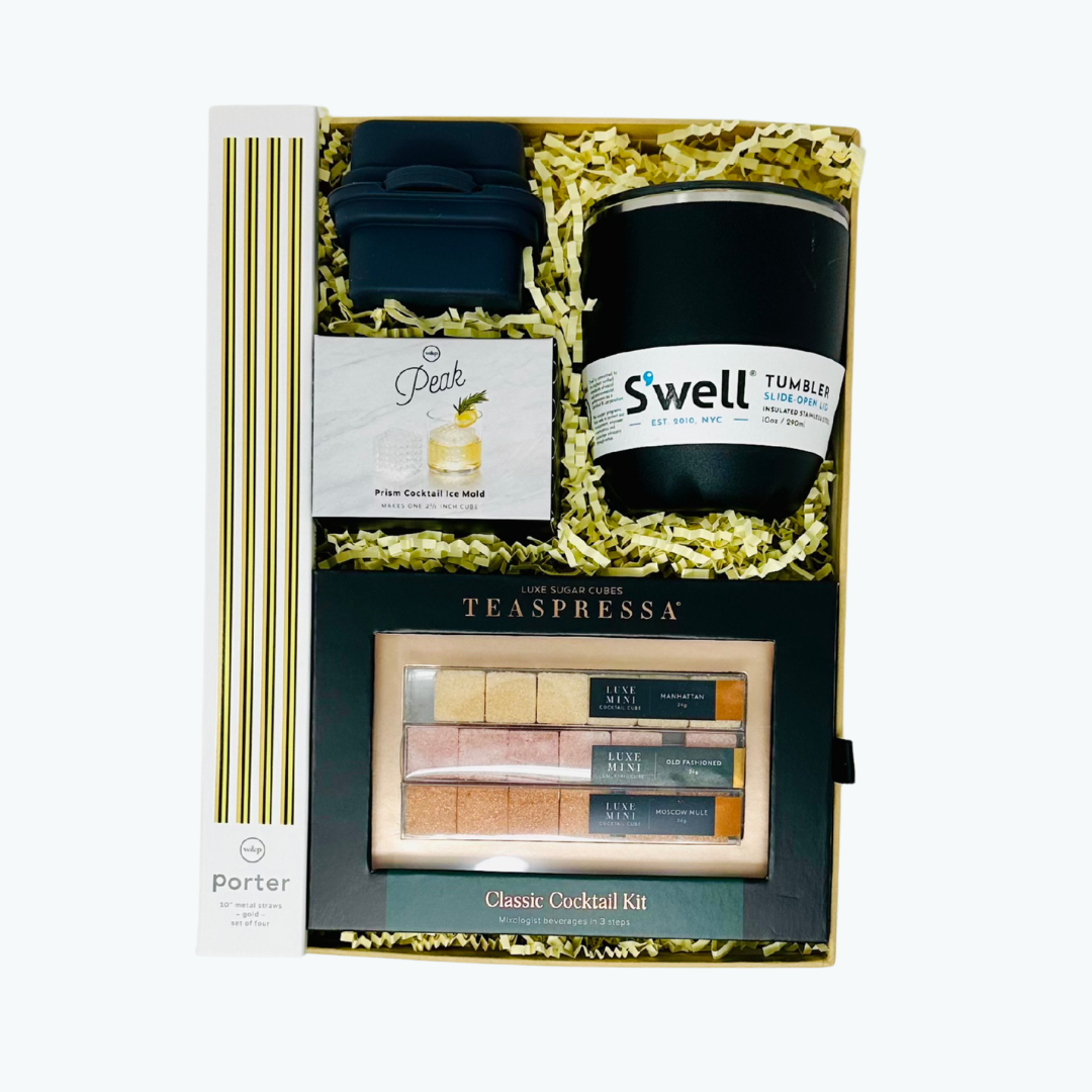 Gift set with Swell tumbler, Teaspressa cocktail kit, silicone ice mold and reusable straws in a box.