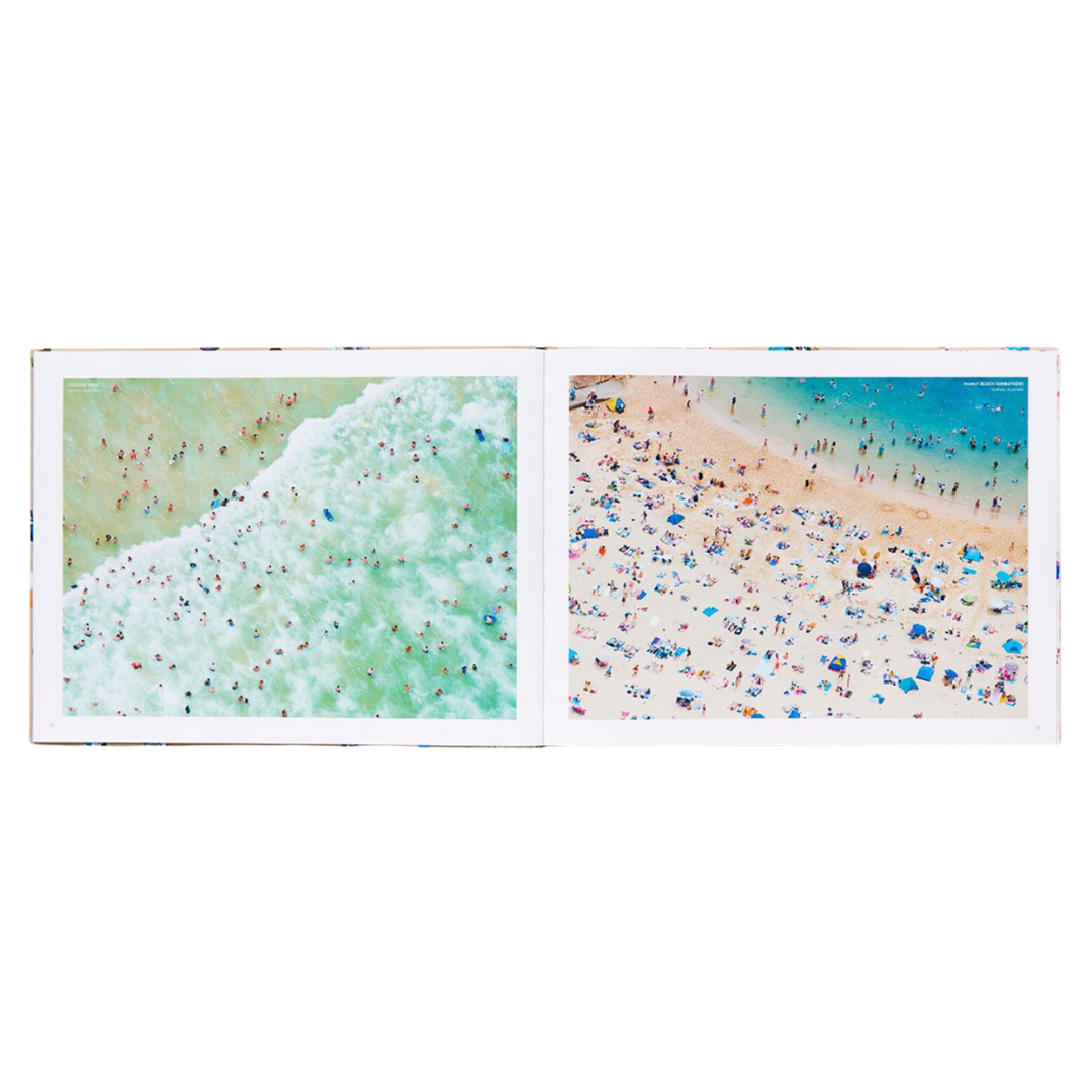 Inside pages of two different beaches filled with people and colored towels and umbrellas.  The ocean waters are vibrant blue. The photos are taken from above.