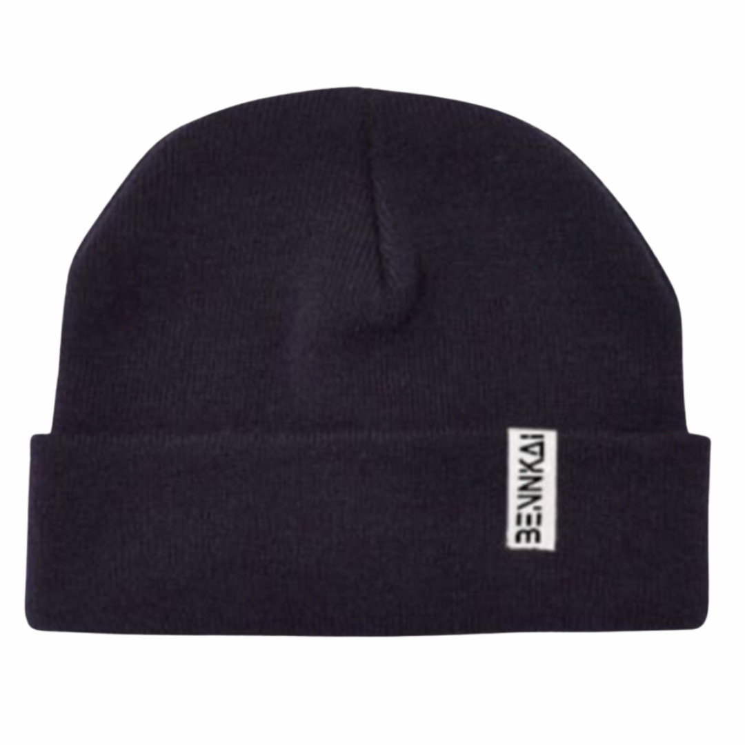 A stylish Bennkai beanie hat in sleek black, showcasing its cozy wide flap design and signature woven label, perfect for keeping warm and fashionable during chilly winter days.