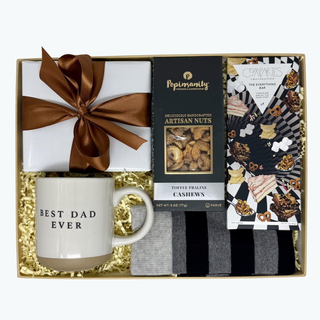 Gift set with 'Best Dad Ever' stoneware mug, socks, and Popinsanity toffee praline nuts, Compartes chocolate bar in a box.