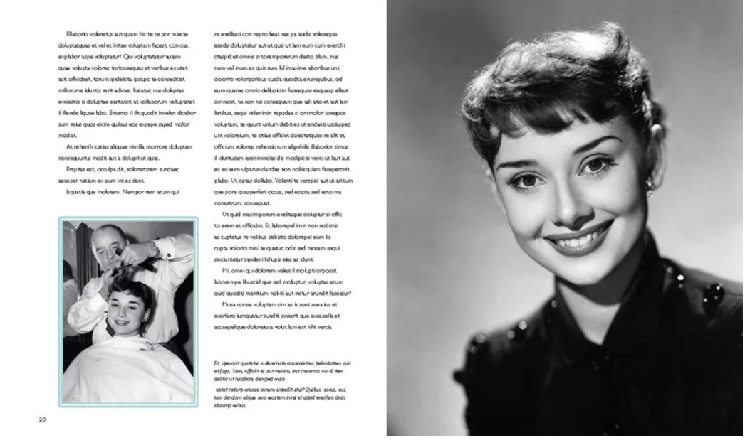 A detailed timeline in Our Fair Lady book charting Audrey Hepburn’s life, from her experiences during the war to her retirement, showcasing her remarkable journey.