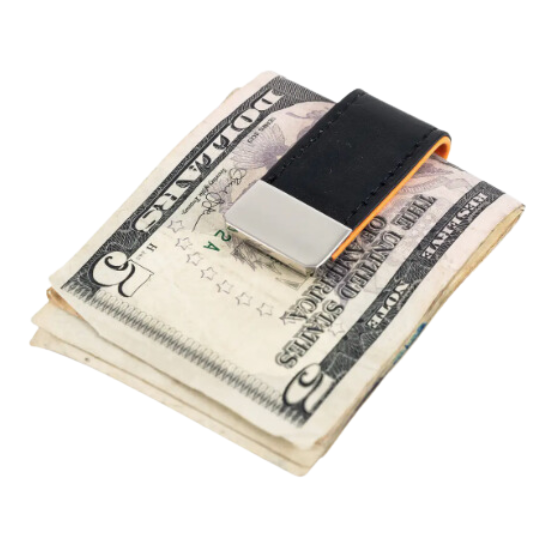 Sleek men's money clip featuring bold orange lining.