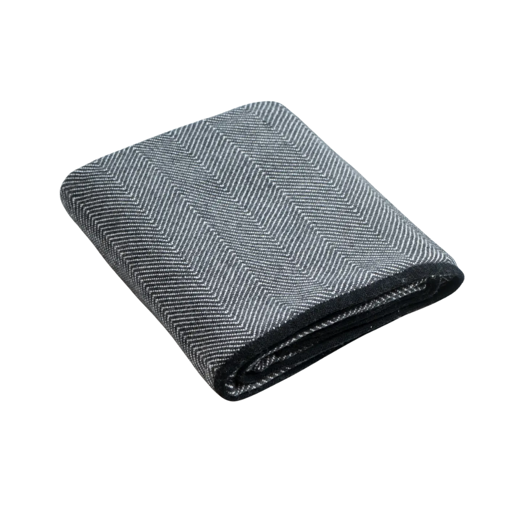 Black and white herringbone patterned blanket on a white background.