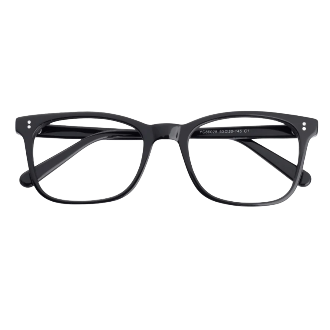 Black acetate eyeglass frames with a thick, rounded rectangular shape and clear lenses, shown from a front-facing perspective on a white background.