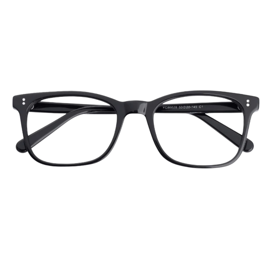 Black acetate eyeglass frames with a thick, rounded rectangular shape and clear lenses, shown from a front-facing perspective on a white background.