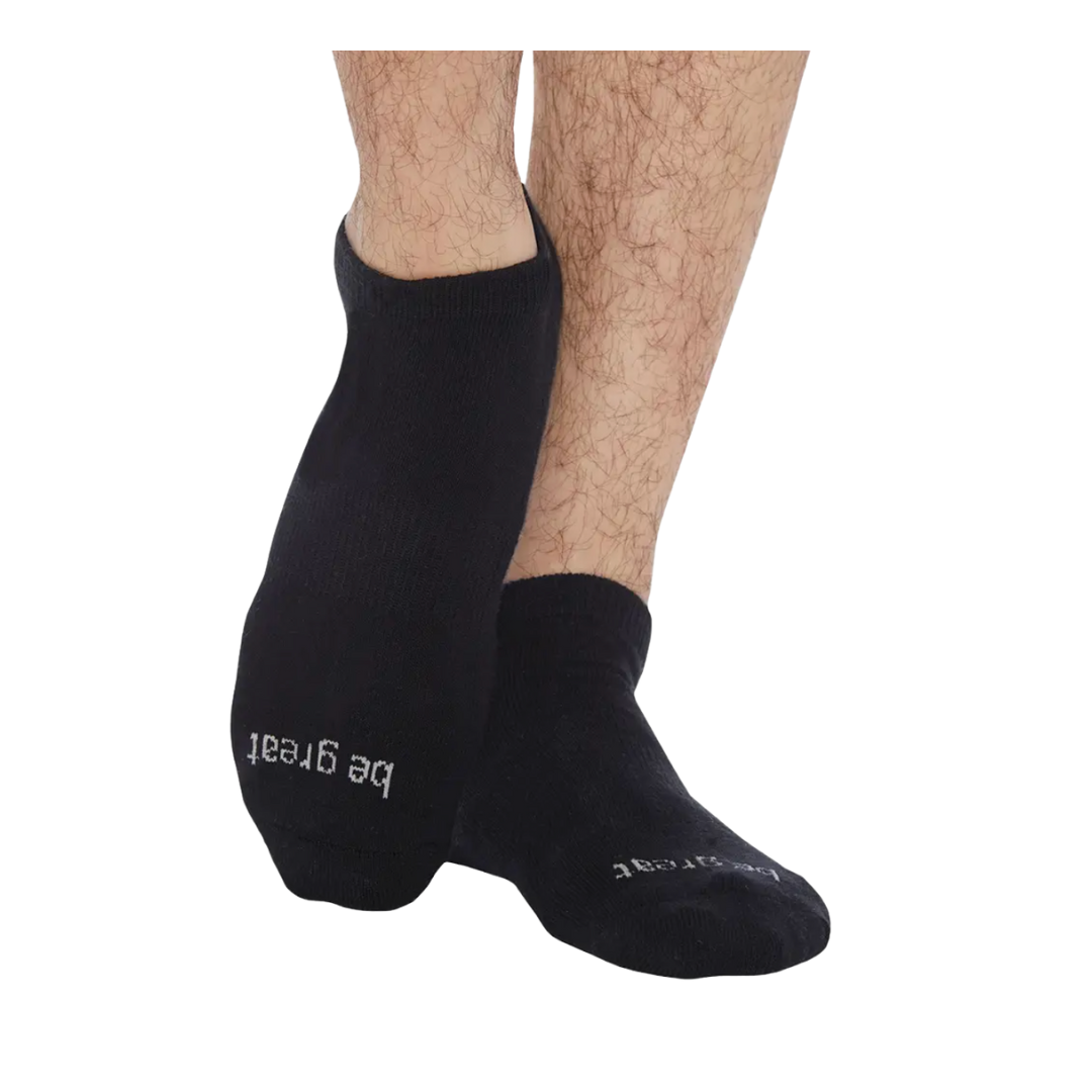 Black ankle socks with the words "Be Great" on the top of each sock by Sticky Be Socks.