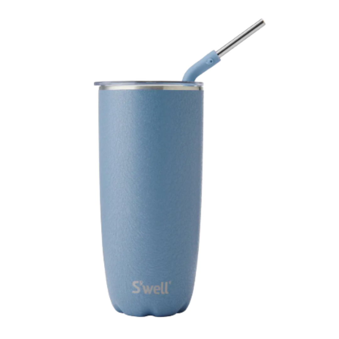 Blue insulated tumbler with straw on a white background.