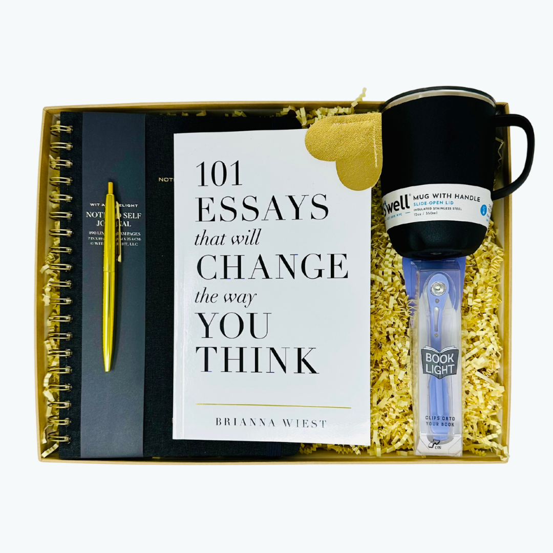 Gift set with book '101 Essays that will Change the Way You Think', S'well mug, pen, linen journal and book light in a box.
