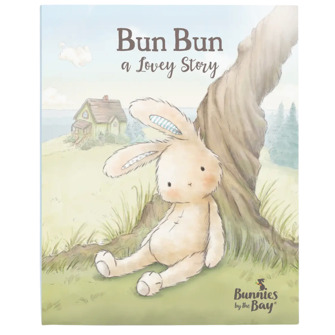 Bun Bun: A Lovey Story Book cover featuring Elsie searching for her lost lovey, Bun Bun, on Cricket Island. This charming and heartwarming story, with delightful illustrations by Bunnies By The Bay, is perfect as a baby gift or care package addition for any newborn or toddler, capturing the comfort and joy of a beloved stuffed animal.