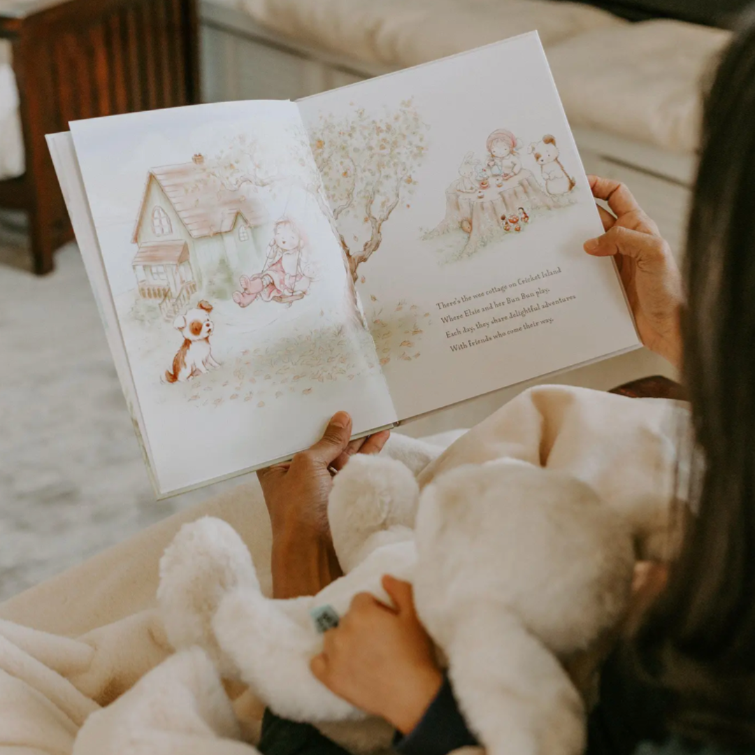 Bun Bun: A Lovey Story Book cover depicting Elsie’s search for her beloved lovey, Bun Bun, on Cricket Island. With charming illustrations from Bunnies By The Bay, this beautifully written story is a thoughtful baby gift or care package addition that will become a treasured keepsake for both parents and children, reminding them of the comfort a lovey or stuffed animal can bring.