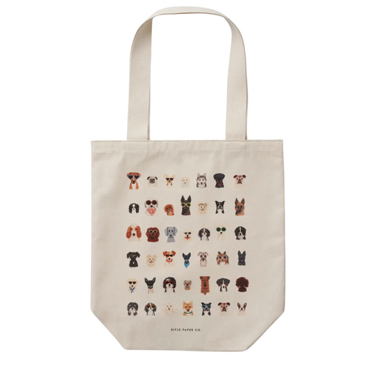 Dog days canvas cotton tote with 11" drop handles and 42 dog images on the front.