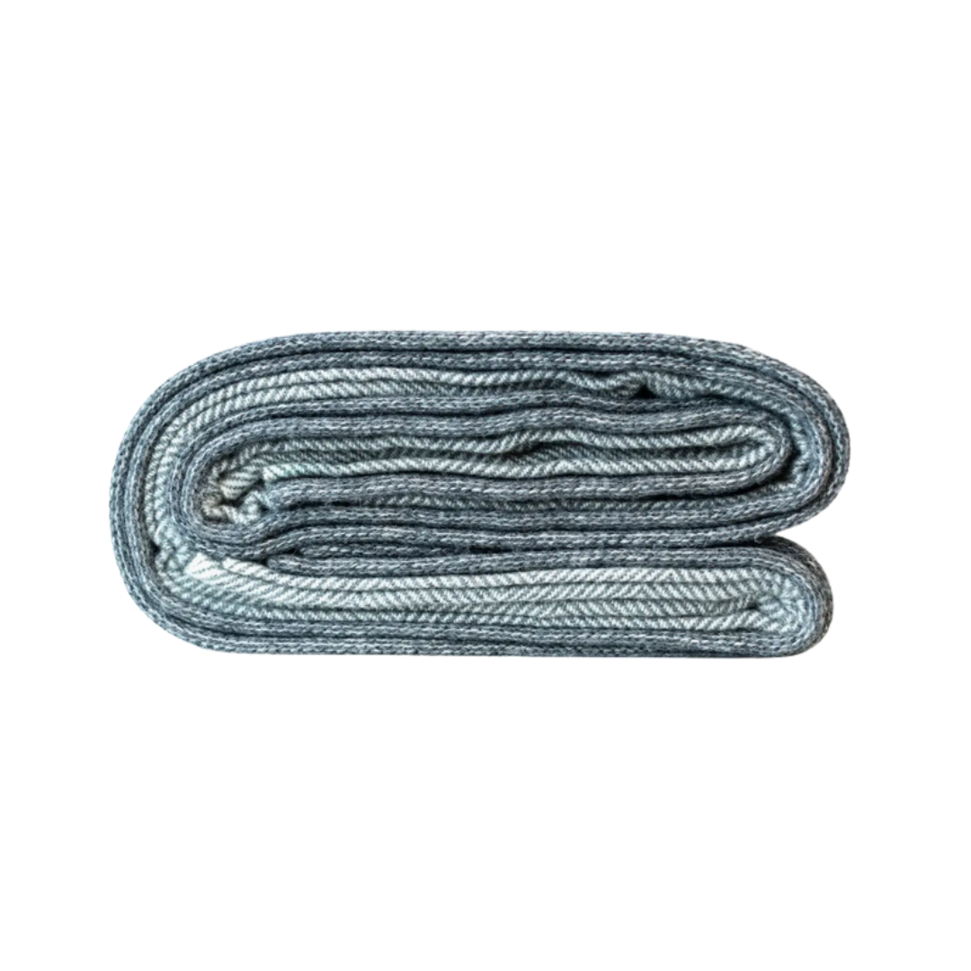 Folded gray cashmere blanket on a white background.