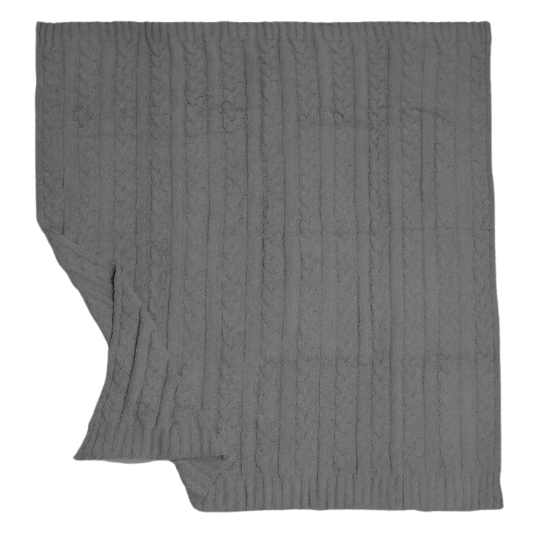 A 50x60 inch charcoal gray throw blanket with a super soft knit texture. The blanket is opened smoothly, showcasing its cozy and plush material with a subtle ribbed pattern. The deep charcoal color adds a touch of elegance and warmth.